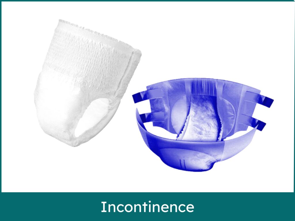 Une image montrant deux types de produits pour l'incontinence adulte sur un fond blanc. À gauche, une culotte absorbante blanche de style pull-up. À droite, une couche pour adulte avec des attaches adhésives, représentée de manière transparente et bleutée pour en montrer la structure interne. En bas, un bandeau sarcelle contient le mot "Incontinence" en lettres blanches.