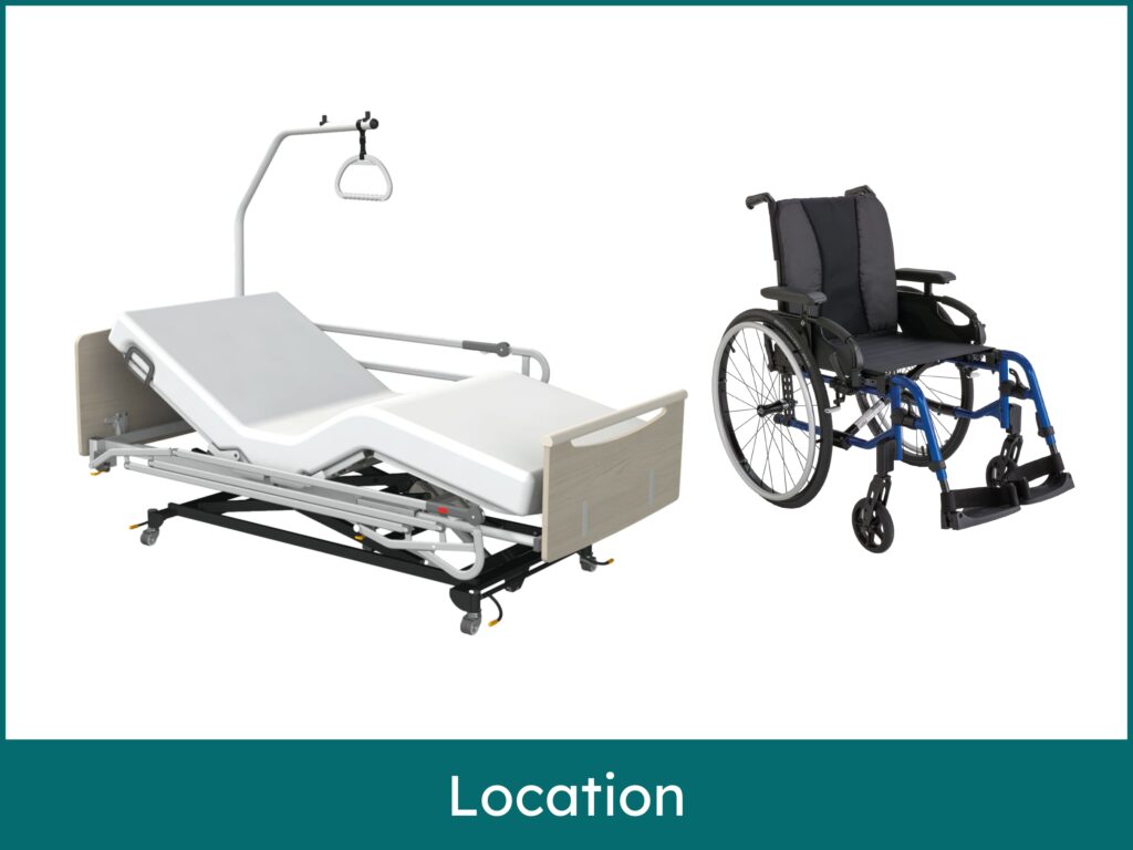 location de matériel médical, montrant un lit médicalisé avec une potence sur la gauche et un fauteuil roulant manuel sur la droite. En bas de l'image, une bannière de couleur sarcelle porte le mot "Location" en lettres blanches.