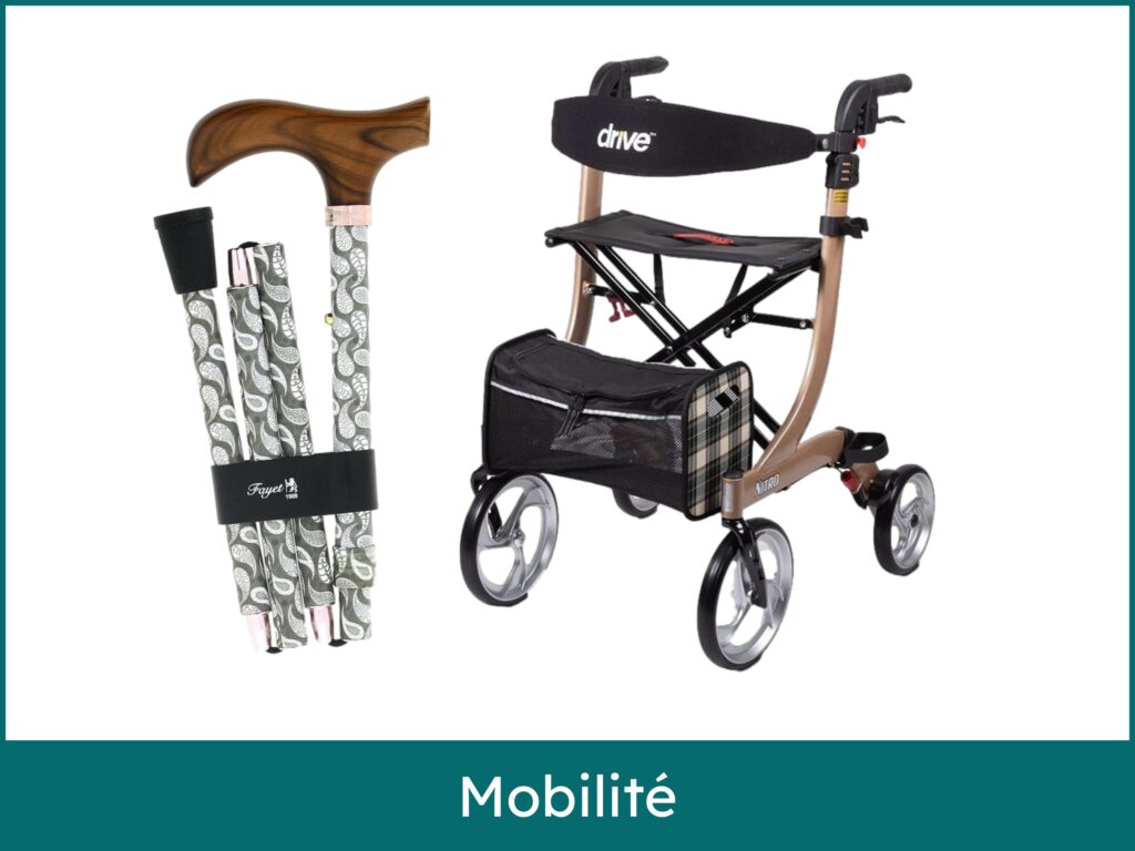 Image sur le thème de la mobilité, présentant deux aides à la marche sur fond blanc. À gauche, une canne de marche pliable avec un motif et une poignée en bois. À droite, un déambulateur à quatre roues (rollator) de couleur bronze, équipé d'un siège, de freins et d'un sac de rangement. Un bandeau en bas de l'image porte le titre "Mobilité"