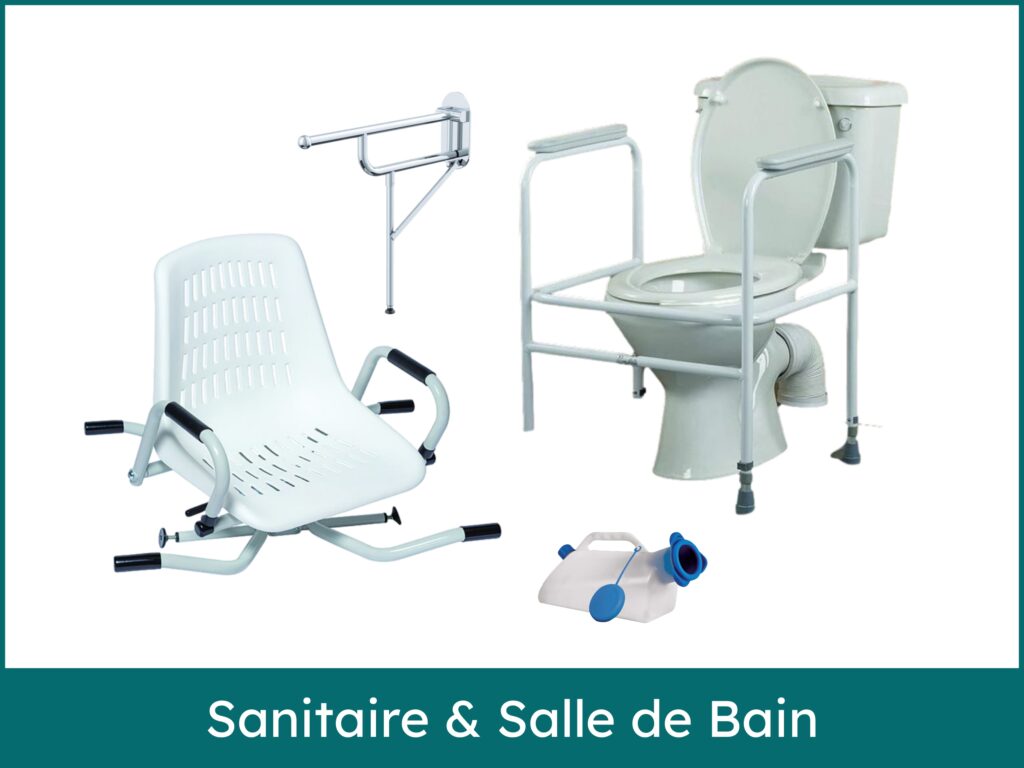 L'image inclut un siège de bain bas avec accoudoirs, une barre d'appui murale et rabattable, un réhausseur de toilette avec un cadre de support, et un urinal. En bas, une bannière de couleur sarcelle porte le texte "Sanitaire & Salle de Bain".