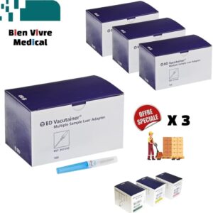 Lot promotionnel de 3 boîtes de 100 adaptateurs Luer BD Vacutainer (REF 367290) vendu par Bien Vivre Médical, avec un adaptateur stérile visible hors de sa boîte
