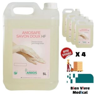 Aniosafe Savon Doux HF en lot de 4 x 5L. Solution lavante pour lavage simple des mains des Laboratoires Anios. Offre spéciale proposée par le distributeur Bien Vivre Médical.