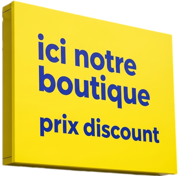 Boutique prix discount - Autocollant promotionnel de style dessin animé avec le texte "Ici notre boutique prix discount". L'illustration montre une devanture de magasin colorée avec divers articles et sacs de magasinage, sur un fond dégradé jaune et orange.