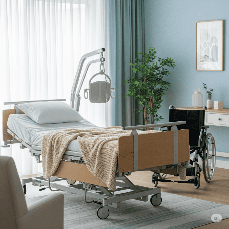 Confort-et-sécurité-pour-bien-vivre-chez-soi - Votre Spécialiste du Matériel Médical à Domicile a prix discount Lit médicalisé avec lève-personne et fauteuil roulant dans une chambre aménagée pour le maintien à domicile.