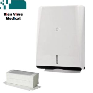 Distributeur mural blanc pour essuie-mains pliés en V, présenté à côté d'une liasse de papier assortie. Logo "Bien Vivre Medical" visible.