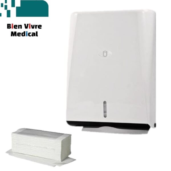 Distributeur mural blanc pour essuie-mains pliés en V, présenté à côté d'une liasse de papier assortie. Logo "Bien Vivre Medical" visible.