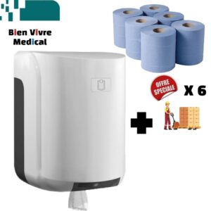 Offre spéciale : Distributeur mural pour bobine d'essuyage professionnel vendu en pack avec un lot de 6 bobines de papier industriel bleu.