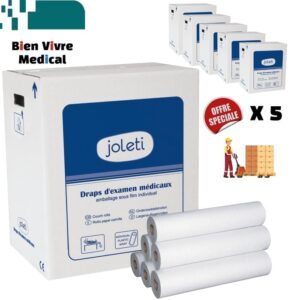 Lot de 5 cartons de draps d'examen Joleti en offre spéciale chez Bien Vivre Medical. L'image montre un carton de 6 rouleaux, plusieurs rouleaux de papier blanc, et une illustration d'une palette pour l'achat en gros.