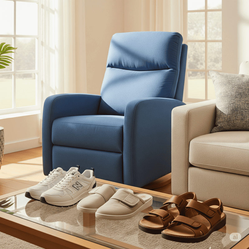 Fauteuil releveur confort de couleur bleue dans un salon lumineux. Sur une table basse en verre sont exposées trois paires de chaussures de confort : des baskets, des chaussons à velcro et des sandales