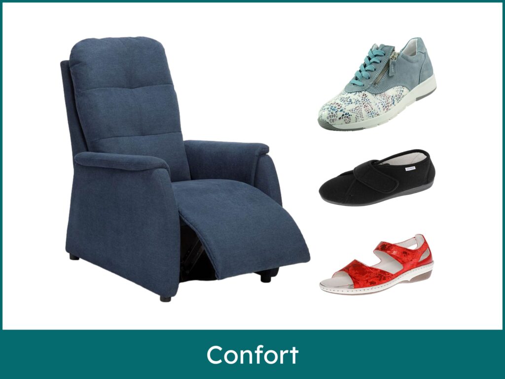Gamme de produits de confort pour seniors, incluant un fauteuil releveur électrique, des chaussures de confort à zip, des chaussons post-opératoires et des sandales .