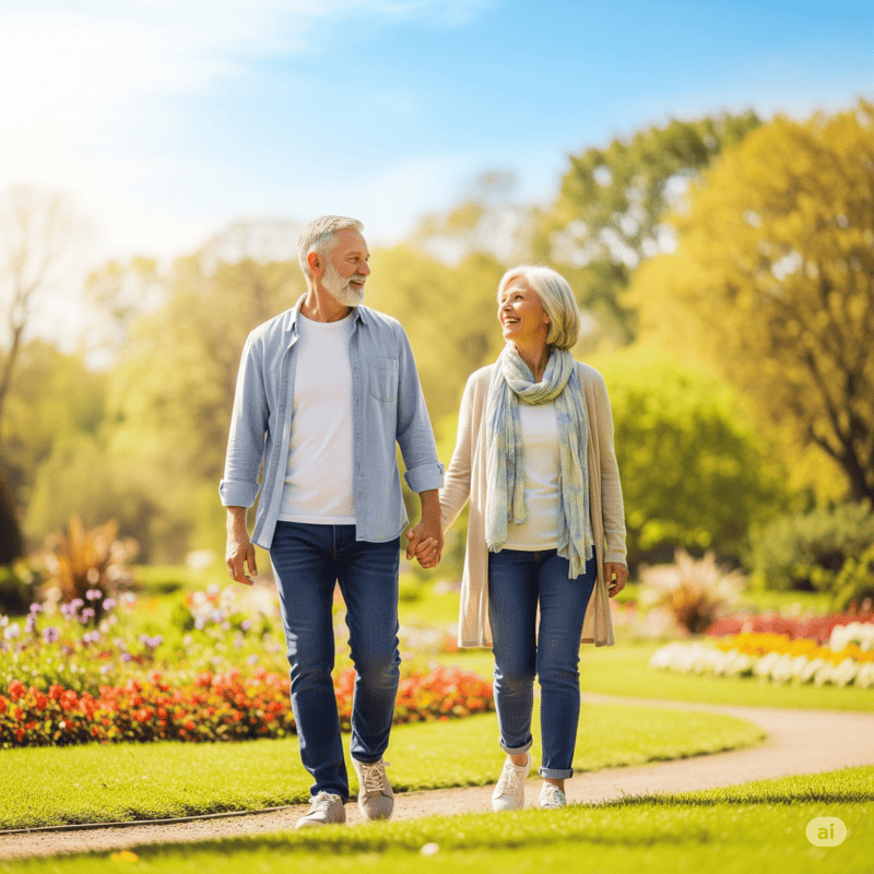 Fuites-urinaires - Votre Spécialiste du Matériel Médical à Domicile a prix discount Couple senior heureux profitant d'une promenade, illustrant la liberté et la confiance retrouvées grâce aux solutions pour les fuites urinaires.