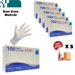 Boîtes de 100 gants d'examen latex non poudrés Joleti. Offre spéciale sur le pack de 5 boîtes, disponible à Vitré, Cossé-le-Vivien et Mondevert.