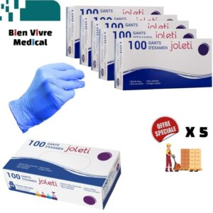 Lot de 5 boîtes de 100 gants d'examen Joleti en nitrile bleu non poudré. L'image présente l'offre spéciale avec le logo Bien Vivre Medical.