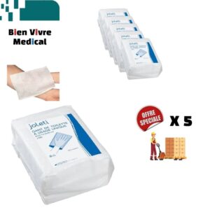 Offre spéciale pour un lot de 5 paquets de gants de toilette à usage unique Joleti. L'image de présentation montre un paquet de 100 gants, un gant utilisé sur un bras pour en voir la texture, et le logo du distributeur Bien Vivre Medical.