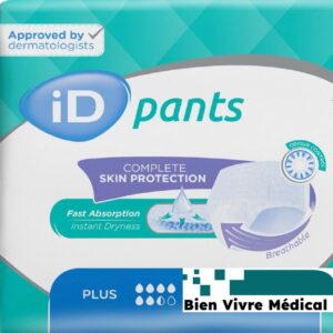 Paquet de pants absorbants iD Pants Plus, indiquant un contrôle des odeurs, une absorption rapide et une protection complète de la peau.