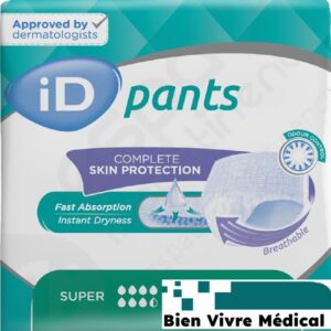 Paquet de protections urinaires pour adultes iD Pants Super. L'emballage met en avant une absorption rapide et une protection complète de la peau.