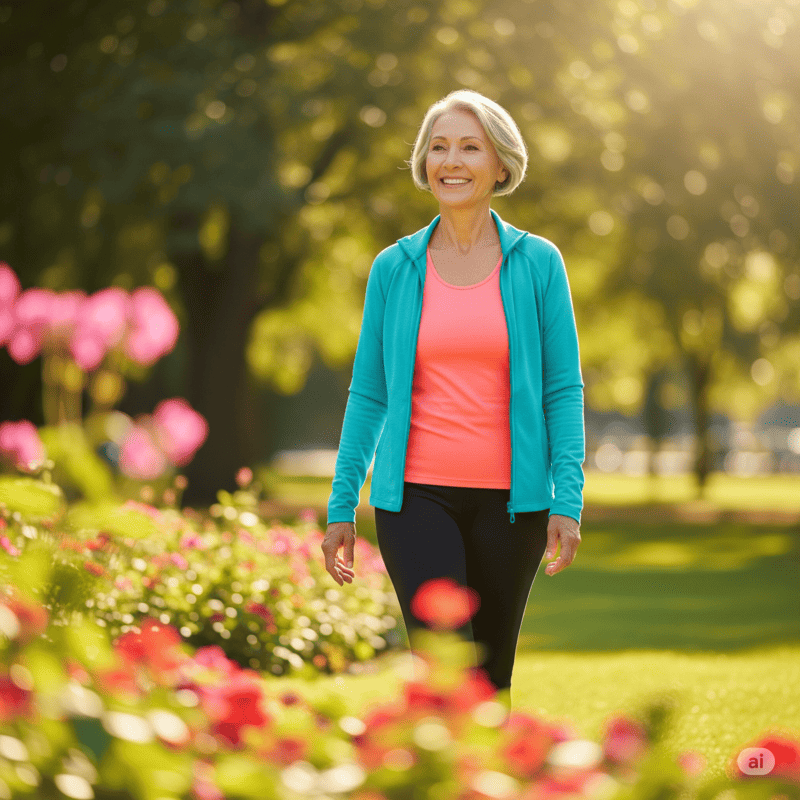 Incontinence-et-fuites-urinaires - Votre Spécialiste du Matériel Médical à Domicile a prix discount Femme souriante et active dans un parc, représentant la liberté et le bien-être retrouvés grâce aux solutions contre les fuites urinaires