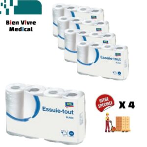 Lot économique de 32 rouleaux d'essuie-tout blanc 2 plis de la marque Aro. L'image montre 4 paquets avec une mention 'Offre Spéciale