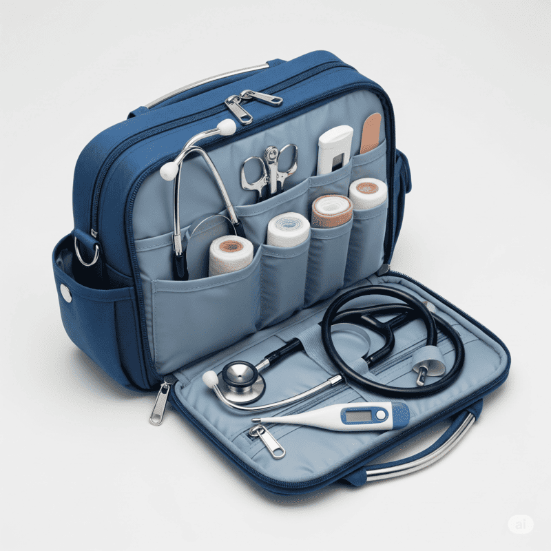 Matériel-de-soins-pour-visites-à-domicile - Votre Spécialiste du Matériel Médical à Domicile a prix discount Sacoche de soins pour visites à domicile, bleue et ouverte, montrant des compartiments organisés avec stéthoscope, thermomètre, ciseaux et rouleaux de pansements.