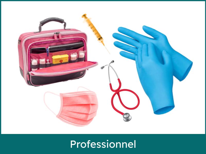 Gamme d'équipement pour professionnel de santé : trousse médicale, gants nitrile, stéthoscope, seringue et masque de protection.