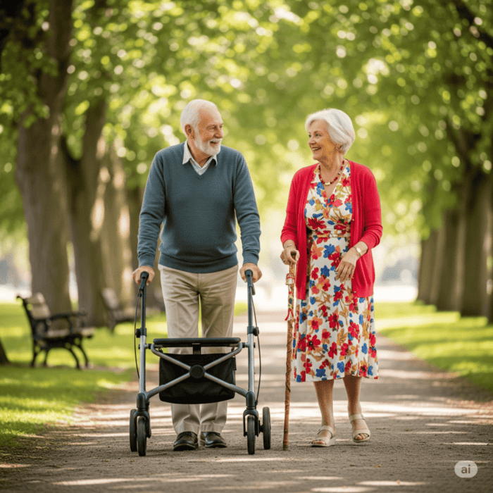Mobilité-autonomie-retrouvée - Votre Spécialiste du Matériel Médical à Domicile a prix discount Couple de seniors se promenant dans un parc avec un rollator et une canne.