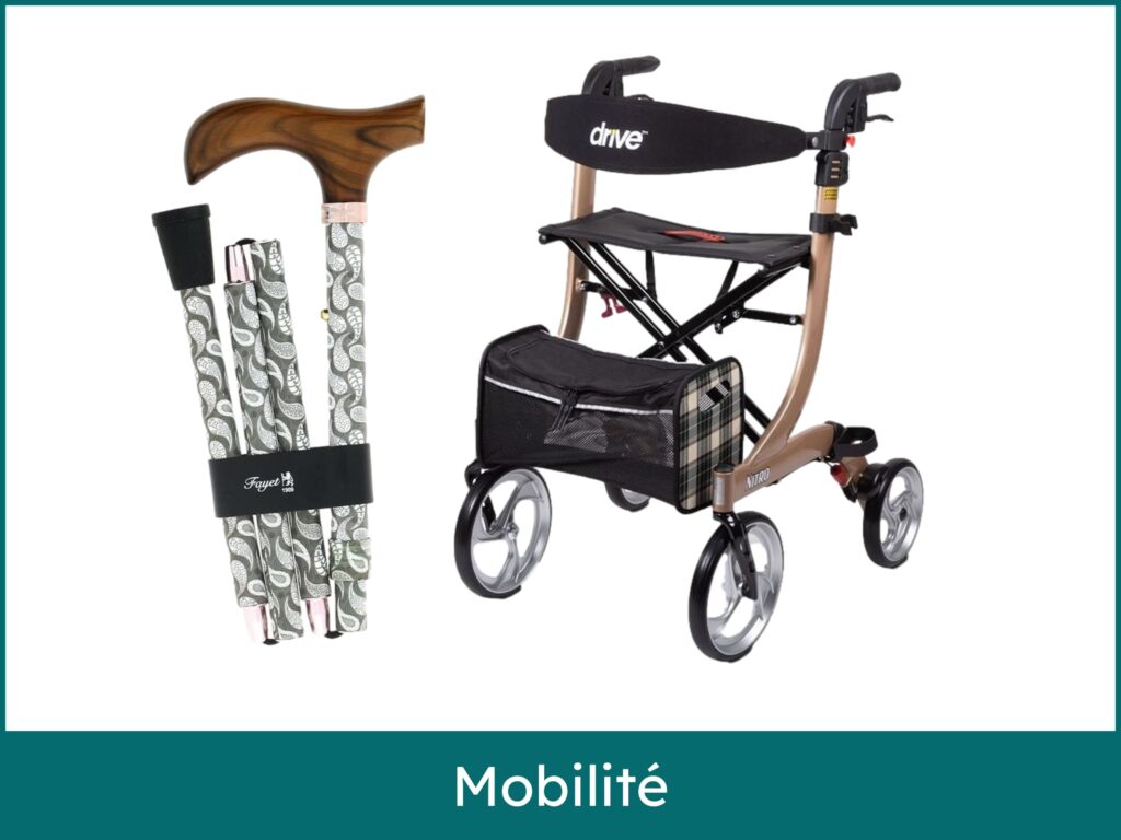 Image sur le thème de la mobilité, présentant deux aides à la marche sur fond blanc. À gauche, une canne de marche pliable avec un motif et une poignée en bois. À droite, un déambulateur à quatre roues (rollator) de couleur bronze, équipé d'un siège, de freins et d'un sac de rangement. Un bandeau en bas de l'image porte le titre "Mobilité"