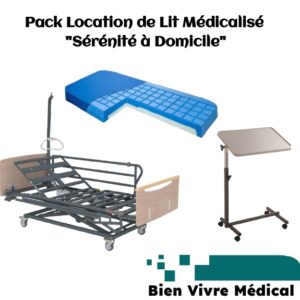 Image du pack de location "Sérénité à Domicile" montrant un lit médicalisé électrique, un matelas bleu de prévention d'escarres, et une table de lit à roulettes, avec le logo Bien Vivre Médical.