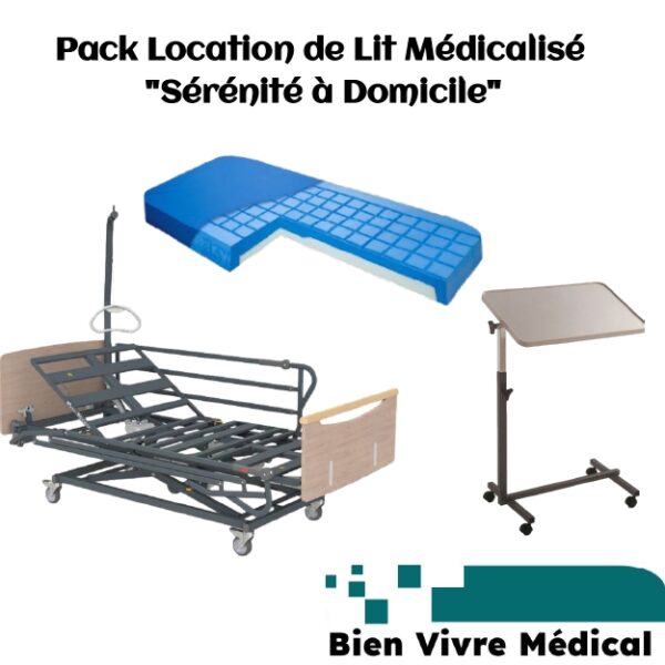 Image du pack de location "Sérénité à Domicile" montrant un lit médicalisé électrique, un matelas bleu de prévention d'escarres, et une table de lit à roulettes, avec le logo Bien Vivre Médical.