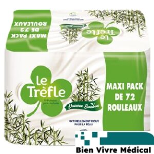 Emballage du papier toilette triple épaisseur Le Trèfle Douceur Bambou en maxi pack de 72 rouleaux, sur fond blanc et vert avec des illustrations de bambou.