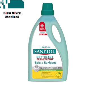 Bidon de 5 litres de Sanytol Nettoyant Désinfectant Professionnel Sols & Surfaces au citron, conforme HACCP pour contact alimentaire.