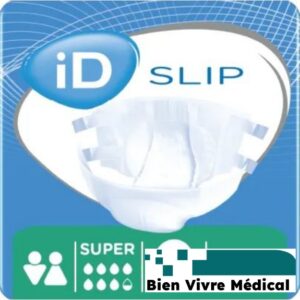 Emballage du change complet pour incontinence "iD Slip Super". Le paquet, à dominante bleue, montre une illustration du produit, son nom, la marque iD, et indique un niveau d'absorption "Super" avec une jauge de 7 gouttes sur 8. Un filigrane "Bien Vivre Médical" est visible en bas à droite.