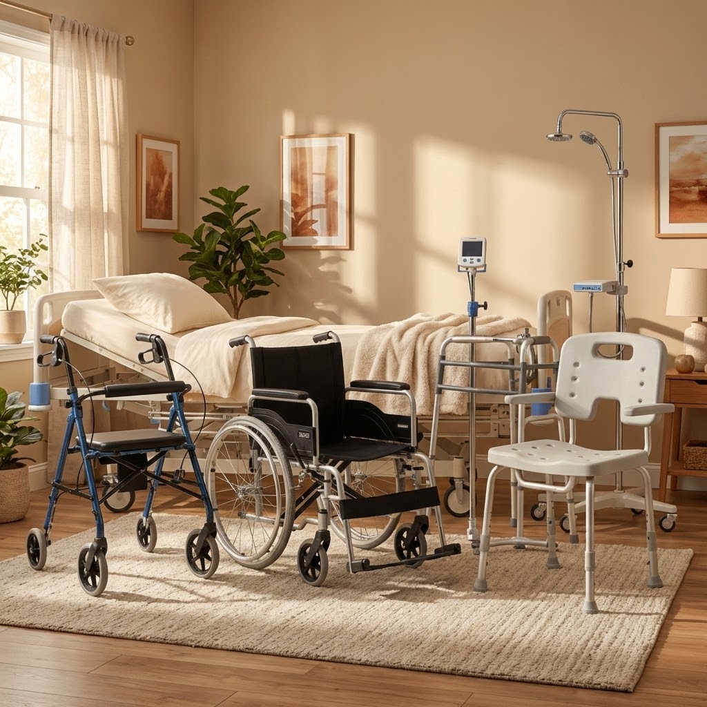 materiel-medical-maintien-domicile-vitre-cosse - Bien Vivre Médical Chambre aménagée avec du matériel médical BVM (lit médicalisé, fauteuil roulant, déambulateur) pour le confort à domicile à Vitré et Cossé-le-Vivien.